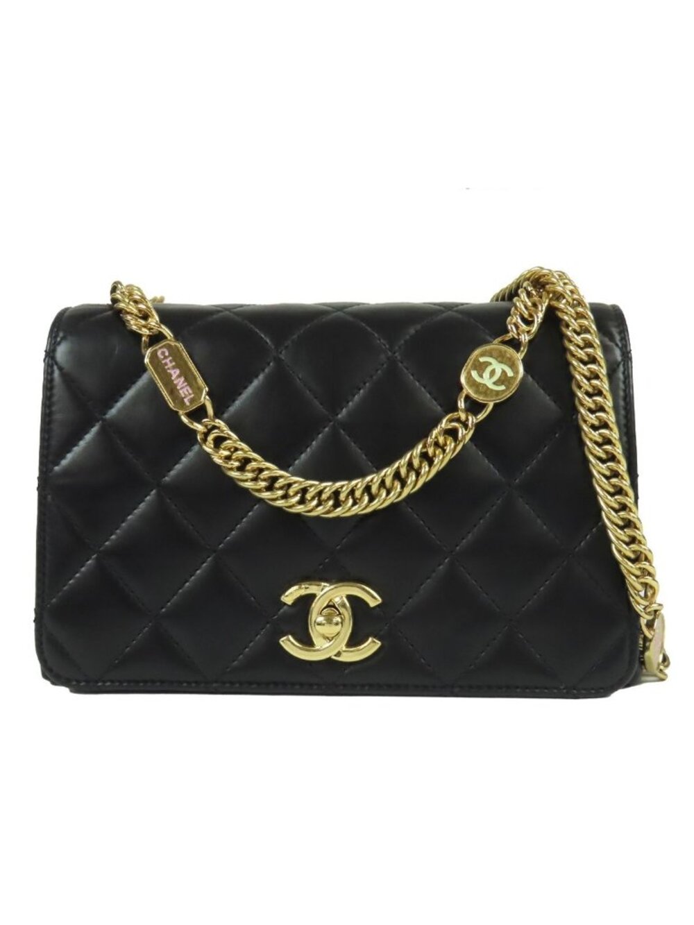 Chanel Full Flap Black Gold Lambskin Quilted Stitch 2-Way Logo Chain Shoulder